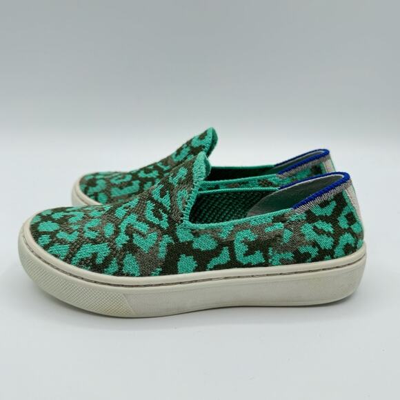 Rothy’s Aqua Cheetah Animal Print Slip-On Sneakers Kid’s Size 10 - Picture 4 of 9